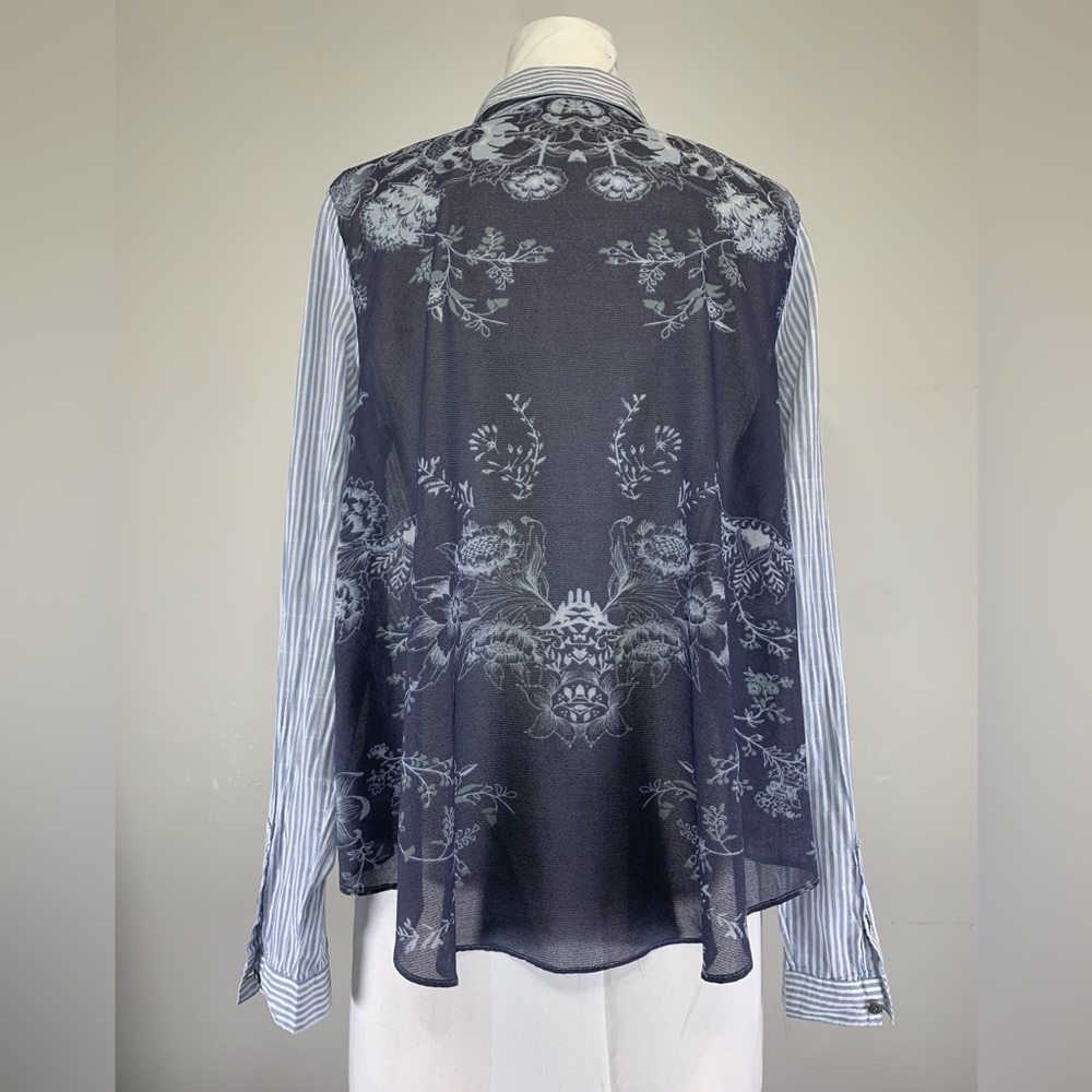 Free People Blue Striped Button Up Shirt Sheer Floral Back - Size Medium